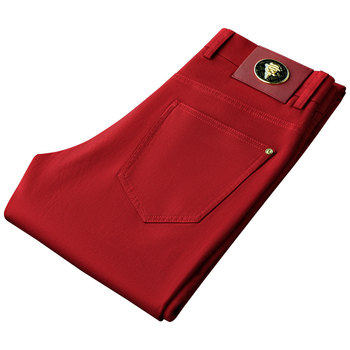 Blugi casual roșii pentru bărbați, croială Slim, material elastic, picioare drepte, modă de toamnă pentru purtare zilnică