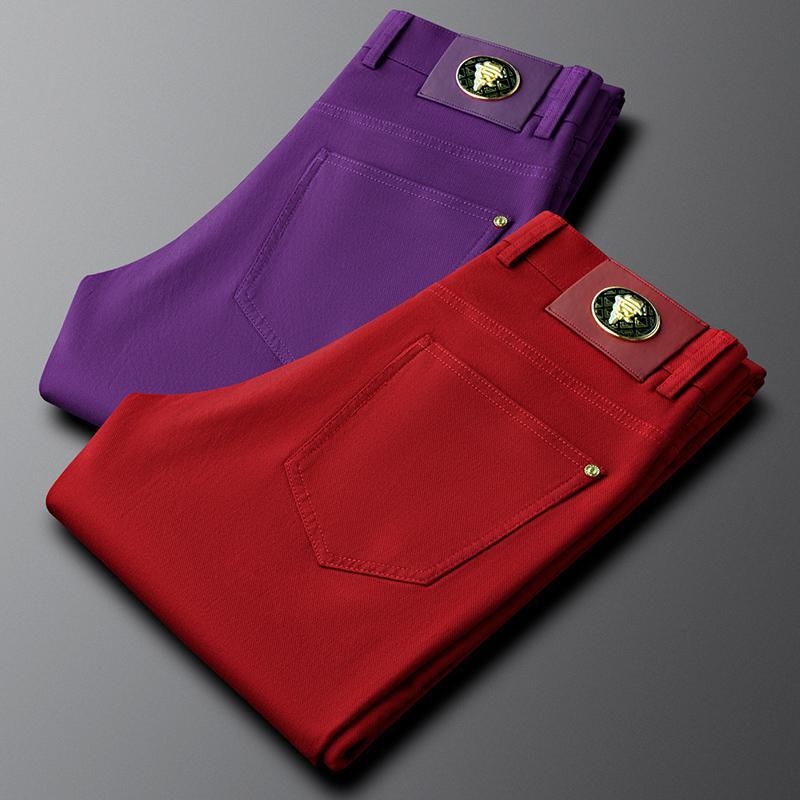 Blugi casual roșii pentru bărbați, croială Slim, material elastic, picioare drepte, modă de toamnă pentru purtare zilnică