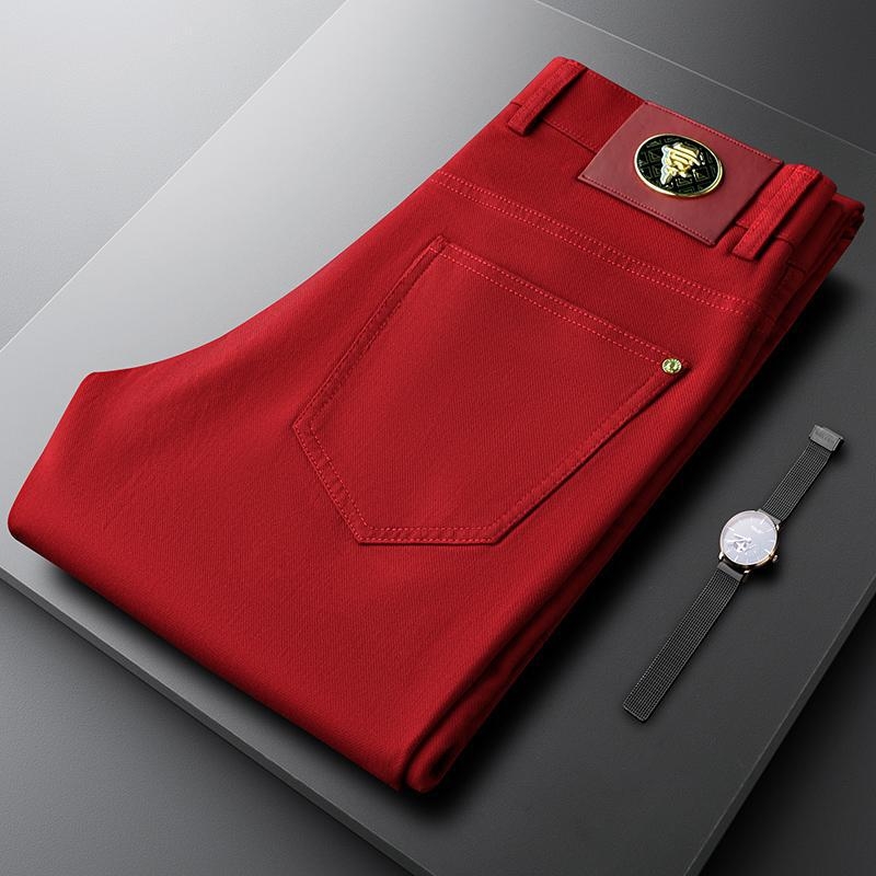 Blugi casual roșii pentru bărbați, croială Slim, material elastic, picioare drepte, modă de toamnă pentru purtare zilnică