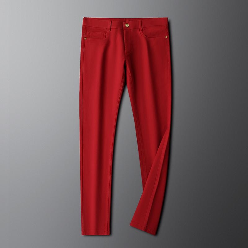 Blugi casual roșii pentru bărbați, croială Slim, material elastic, picioare drepte, modă de toamnă pentru purtare zilnică