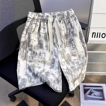 Șorturi de lucru lejere pentru bărbați, tie-dye, croială relaxată, vară sport, amestec poliester