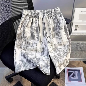 Șorturi de lucru lejere pentru bărbați, tie-dye, croială relaxată, vară sport, amestec poliester