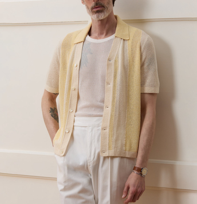 Polo pentru bărbați, din tricot cu decupaje, mâneci scurte, dungi, material ice silk BK0067