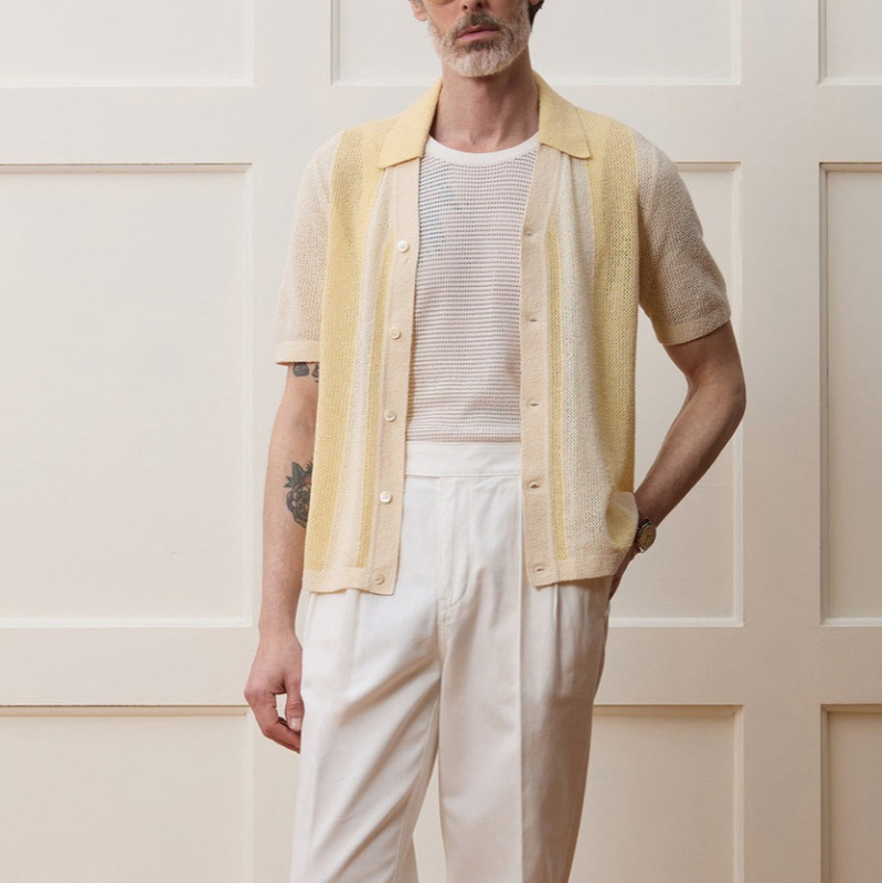 Polo pentru bărbați, din tricot cu decupaje, mâneci scurte, dungi, material ice silk BK0067