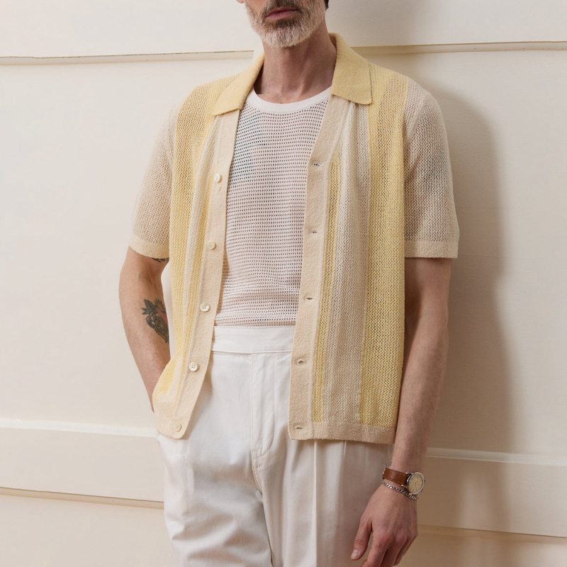 Polo pentru bărbați, din tricot cu decupaje, mâneci scurte, dungi, material ice silk BK0067