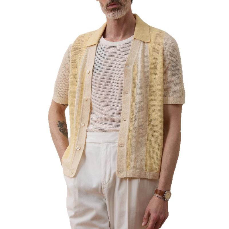 Polo pentru bărbați, din tricot cu decupaje, mâneci scurte, dungi, material ice silk BK0067