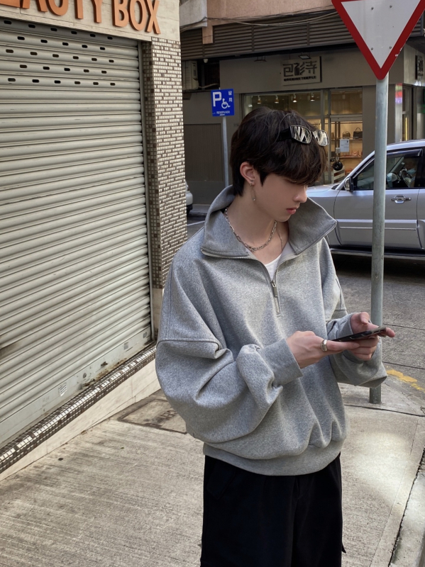Hanorac polo cu fermoar în stil japonez retro, oversize, pentru bărbați, primăvară, streetwear