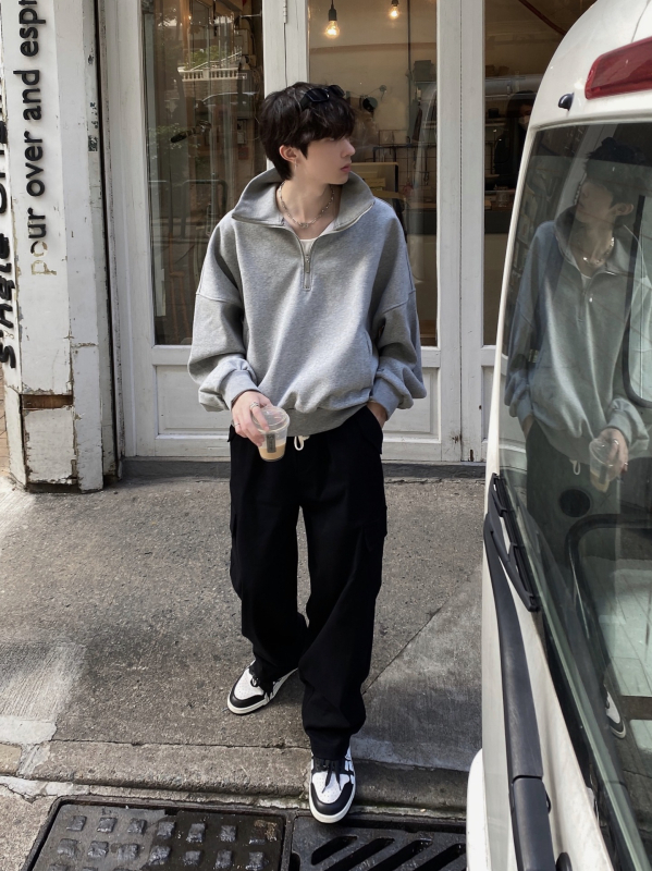 Hanorac polo cu fermoar în stil japonez retro, oversize, pentru bărbați, primăvară, streetwear