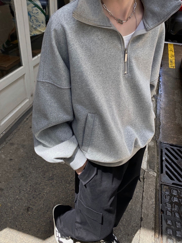 Hanorac polo cu fermoar în stil japonez retro, oversize, pentru bărbați, primăvară, streetwear