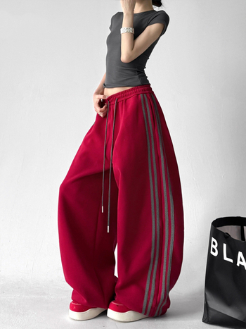 Pantaloni de trening roșii, largi, în stil sport, pentru bărbați și femei, talie înaltă, dungati, casual de primăvară-toamnă.