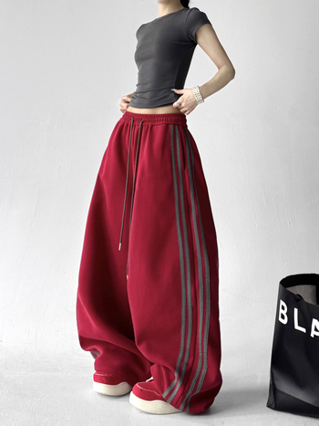 Pantaloni de trening roșii, largi, în stil sport, pentru bărbați și femei, talie înaltă, dungati, casual de primăvară-toamnă.