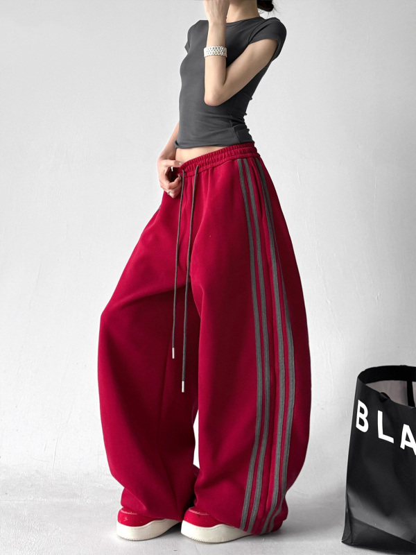 Pantaloni de trening roșii, largi, în stil sport, pentru bărbați și femei, talie înaltă, dungati, casual de primăvară-toamnă.