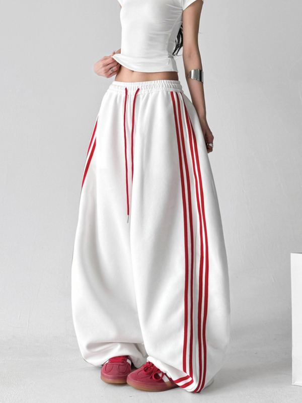 Pantaloni de trening roșii, largi, în stil sport, pentru bărbați și femei, talie înaltă, dungati, casual de primăvară-toamnă.