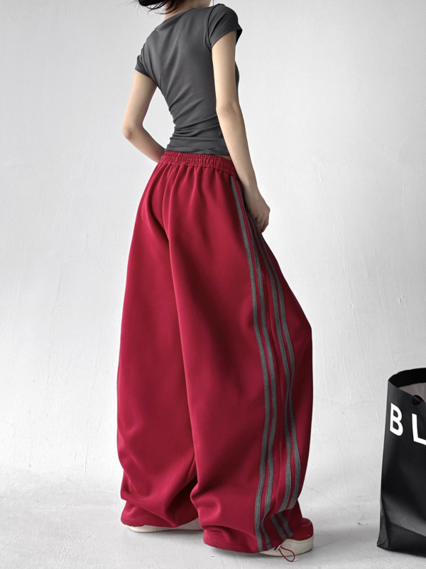 Pantaloni de trening roșii, largi, în stil sport, pentru bărbați și femei, talie înaltă, dungati, casual de primăvară-toamnă.