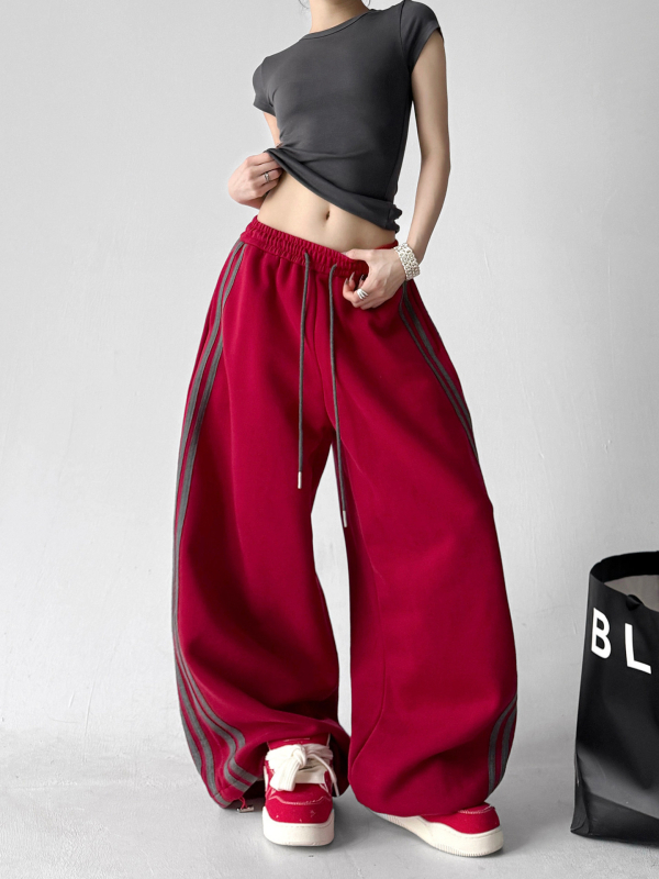 Pantaloni de trening roșii, largi, în stil sport, pentru bărbați și femei, talie înaltă, dungati, casual de primăvară-toamnă.