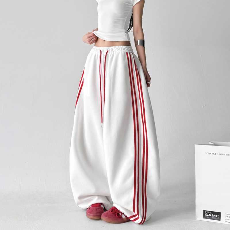 Pantaloni de trening roșii, largi, în stil sport, pentru bărbați și femei, talie înaltă, dungati, casual de primăvară-toamnă.
