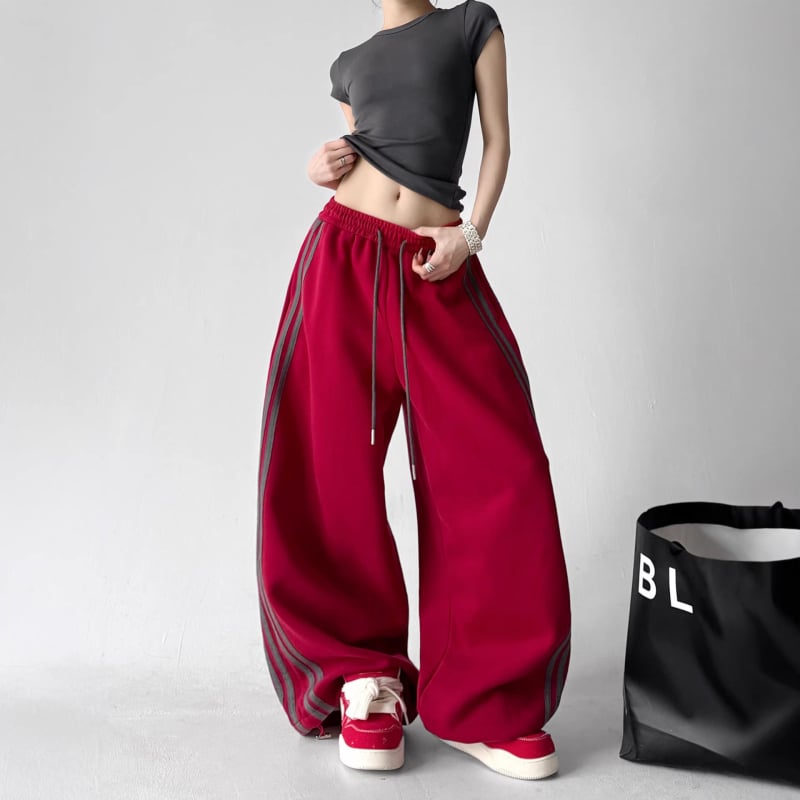 Pantaloni de trening roșii, largi, în stil sport, pentru bărbați și femei, talie înaltă, dungati, casual de primăvară-toamnă.
