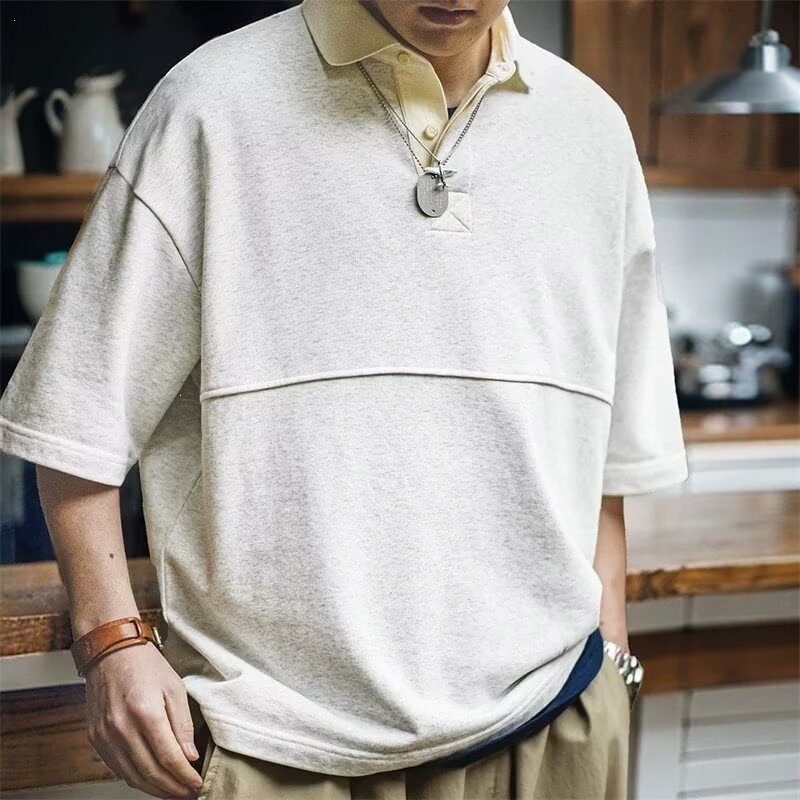 Tricou polo masculin cu dungi, mâneci scurte, croială lejeră, guler Henry, stil casual de vară