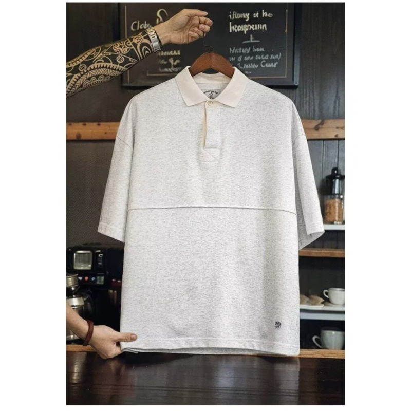Tricou polo masculin cu dungi, mâneci scurte, croială lejeră, guler Henry, stil casual de vară