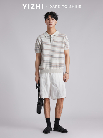 Polo bărbătesc cu textură tricotată din bumbac și model în dungi — croi slim, mâneci scurte, respirabil, vară, casual pentru muncă