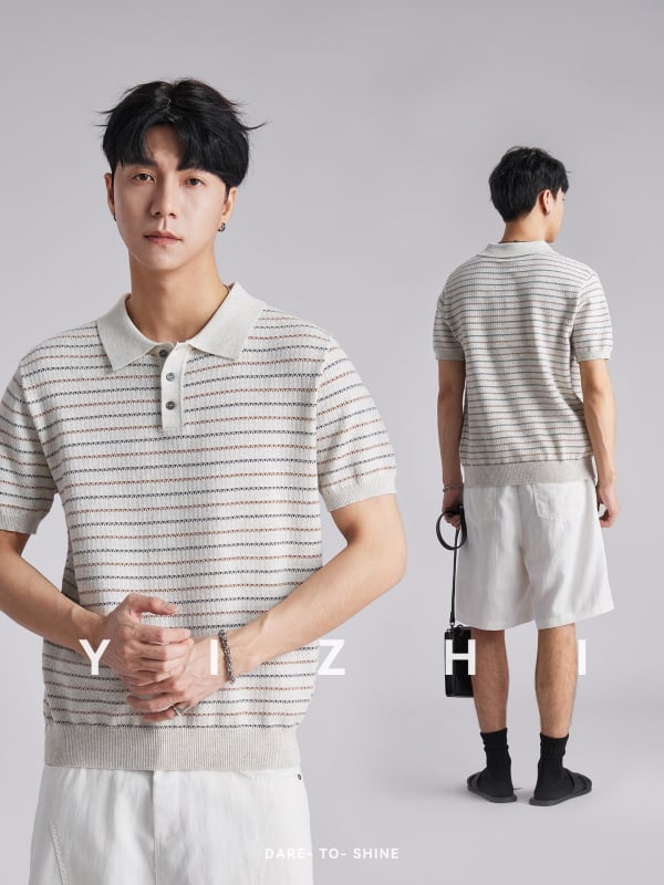 Polo bărbătesc cu textură tricotată din bumbac și model în dungi — croi slim, mâneci scurte, respirabil, vară, casual pentru muncă