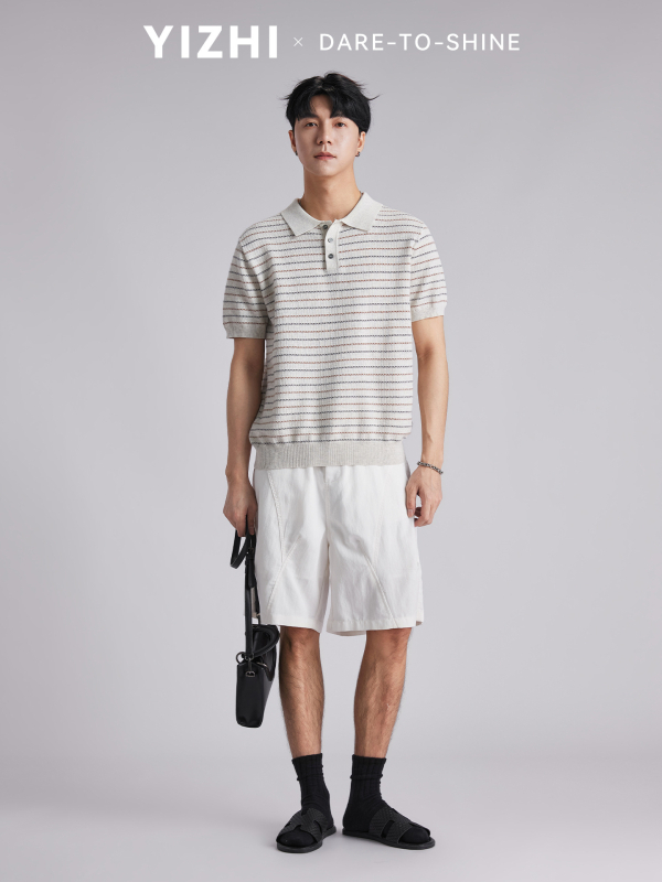 Polo bărbătesc cu textură tricotată din bumbac și model în dungi — croi slim, mâneci scurte, respirabil, vară, casual pentru muncă