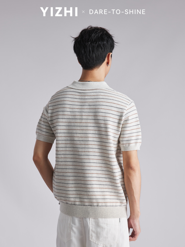 Polo bărbătesc cu textură tricotată din bumbac și model în dungi — croi slim, mâneci scurte, respirabil, vară, casual pentru muncă