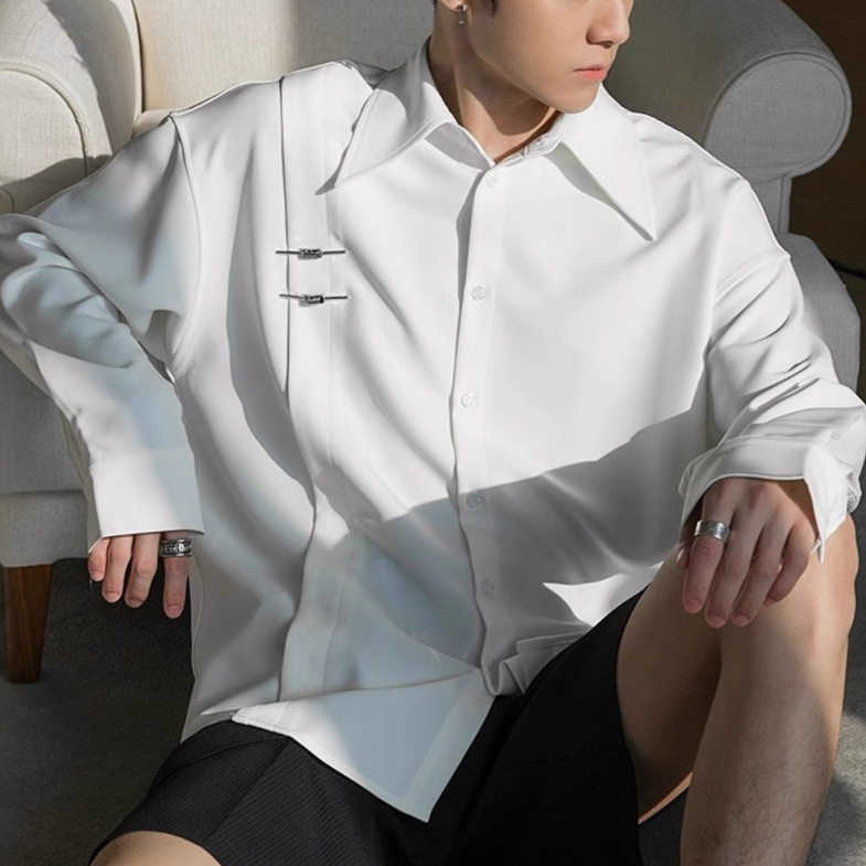 Cămașă bărbați cu mânecă lungă, uni, croială lejeră, streetwear casual pentru primăvară și toamnă