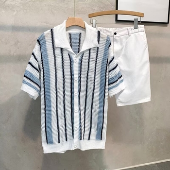 Tricou polo tricotat pentru bărbați, în dungi, stil american, vară lejer casual, guler polo, mâneci scurte