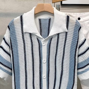Tricou polo tricotat pentru bărbați, în dungi, stil american, vară lejer casual, guler polo, mâneci scurte