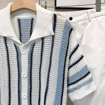 Tricou polo tricotat pentru bărbați, în dungi, stil american, vară lejer casual, guler polo, mâneci scurte