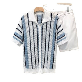 Tricou polo tricotat pentru bărbați, în dungi, stil american, vară lejer casual, guler polo, mâneci scurte