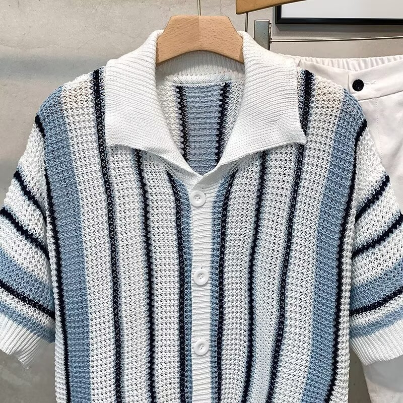 Tricou polo tricotat pentru bărbați, în dungi, stil american, vară lejer casual, guler polo, mâneci scurte