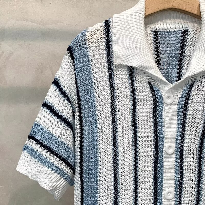Tricou polo tricotat pentru bărbați, în dungi, stil american, vară lejer casual, guler polo, mâneci scurte