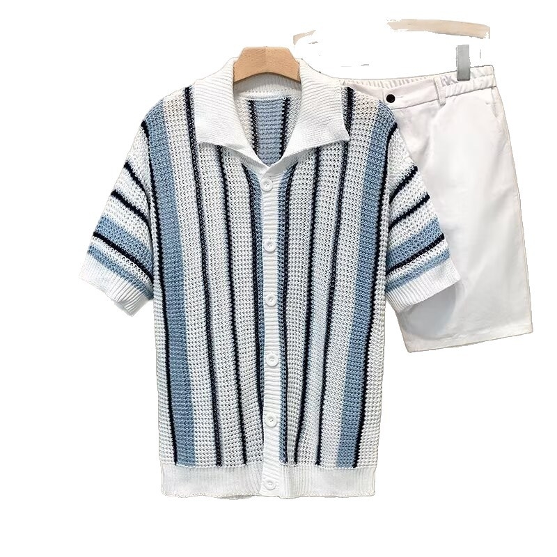 Tricou polo tricotat pentru bărbați, în dungi, stil american, vară lejer casual, guler polo, mâneci scurte