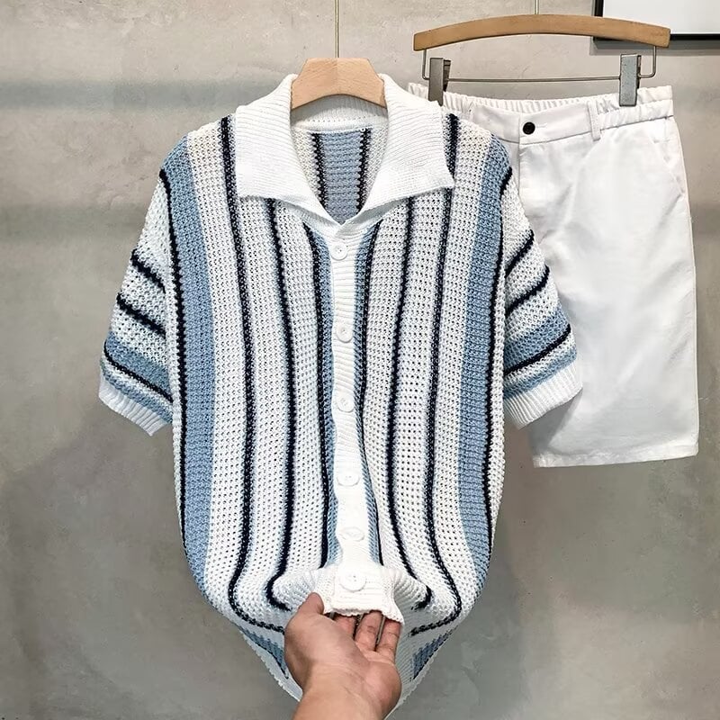 Tricou polo tricotat pentru bărbați, în dungi, stil american, vară lejer casual, guler polo, mâneci scurte