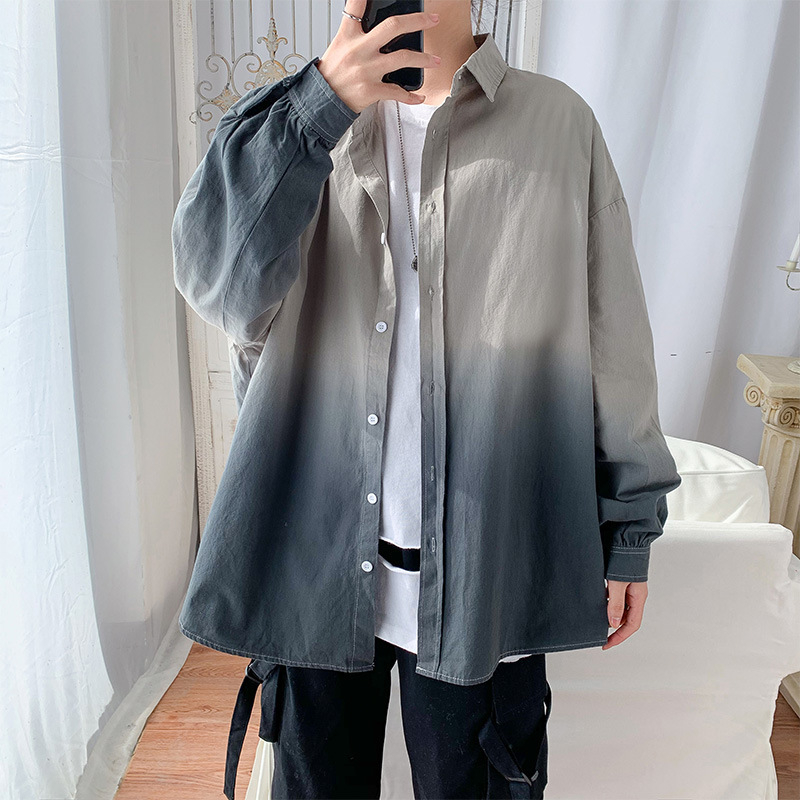 Cămașă pentru bărbați, primăvară, stil coreean, culoare gradientă, croială lejeră, stil Hong Kong, mânecă lungă, casual