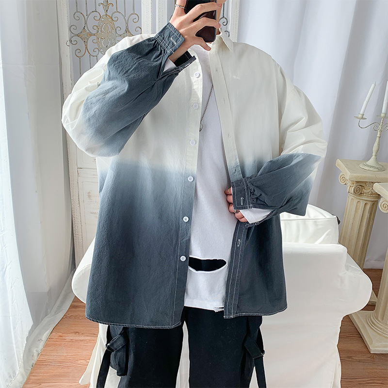 Cămașă pentru bărbați, primăvară, stil coreean, culoare gradientă, croială lejeră, stil Hong Kong, mânecă lungă, casual