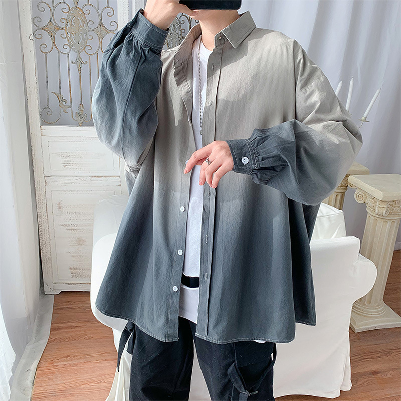 Cămașă pentru bărbați, primăvară, stil coreean, culoare gradientă, croială lejeră, stil Hong Kong, mânecă lungă, casual