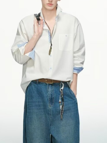 Cămașă albă în carouri în stil american pentru bărbați, croială lejeră, mâneci lungi, look casual