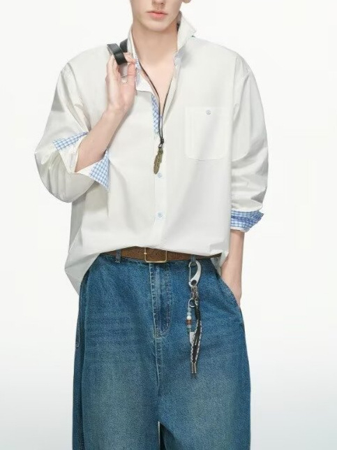 Cămașă albă în carouri în stil american pentru bărbați, croială lejeră, mâneci lungi, look casual