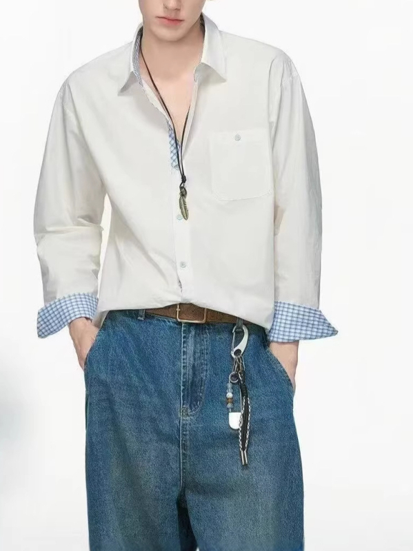 Cămașă albă în carouri în stil american pentru bărbați, croială lejeră, mâneci lungi, look casual