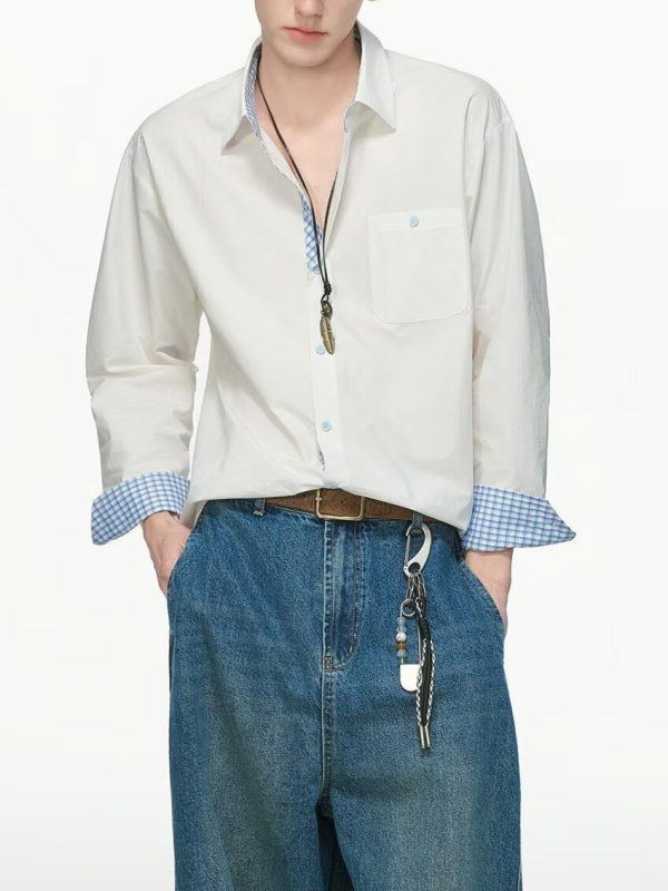 Cămașă albă în carouri în stil american pentru bărbați, croială lejeră, mâneci lungi, look casual