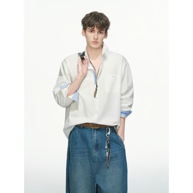 Cămașă albă în carouri în stil american pentru bărbați, croială lejeră, mâneci lungi, look casual