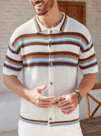 Cardigan polo bărbătesc, cu dungi retro și tricot perforat, mâneci scurte, vară