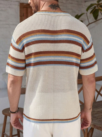 Cardigan polo bărbătesc, cu dungi retro și tricot perforat, mâneci scurte, vară