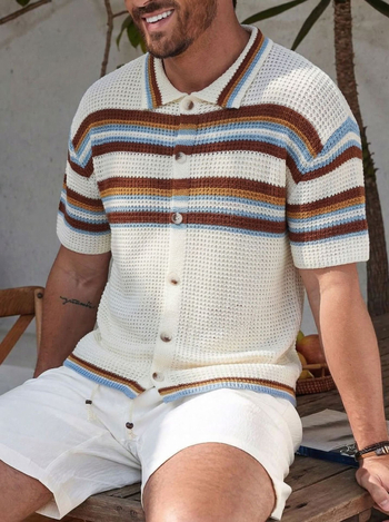 Cardigan polo bărbătesc, cu dungi retro și tricot perforat, mâneci scurte, vară