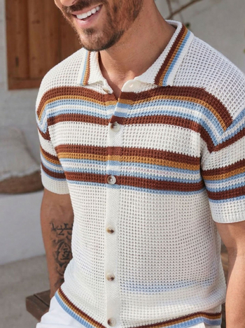 Cardigan polo bărbătesc, cu dungi retro și tricot perforat, mâneci scurte, vară