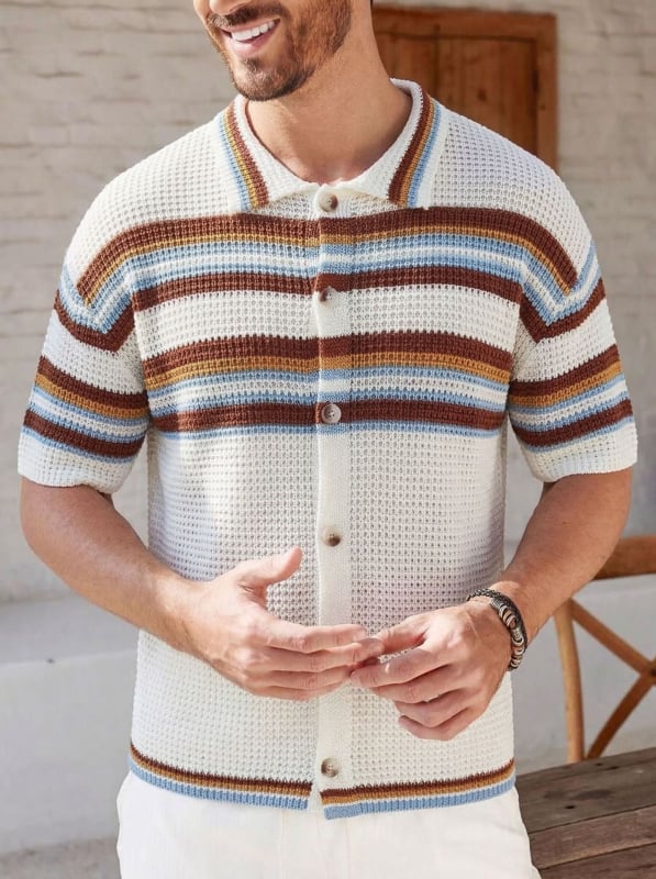 Cardigan polo bărbătesc, cu dungi retro și tricot perforat, mâneci scurte, vară