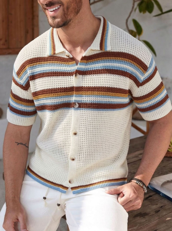 Cardigan polo bărbătesc, cu dungi retro și tricot perforat, mâneci scurte, vară